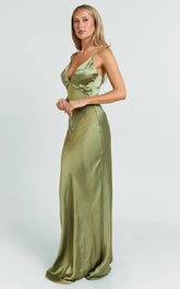 Quincy Maxi Dress Satin Slip Dress in Olive